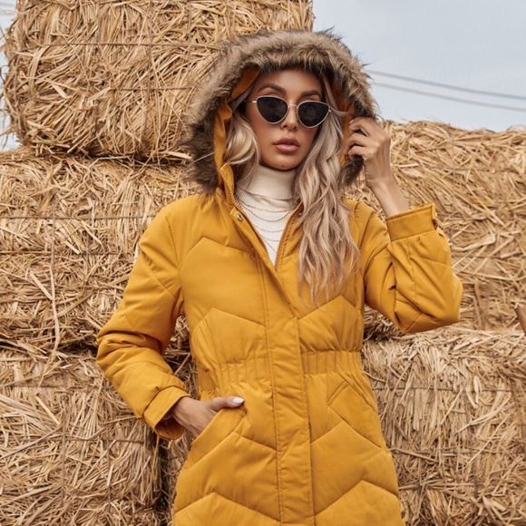 FALL Chevron quilted puffer trench jacket mustard - Picture 6 of 6